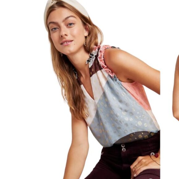EUC Anthropologie | Maeve Ruffle Detail Fantasia Metallic Clip Dot Blouse - Picture 4 of 14